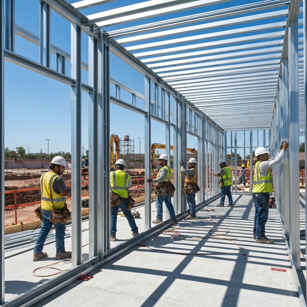 Workers installing aluminum frames